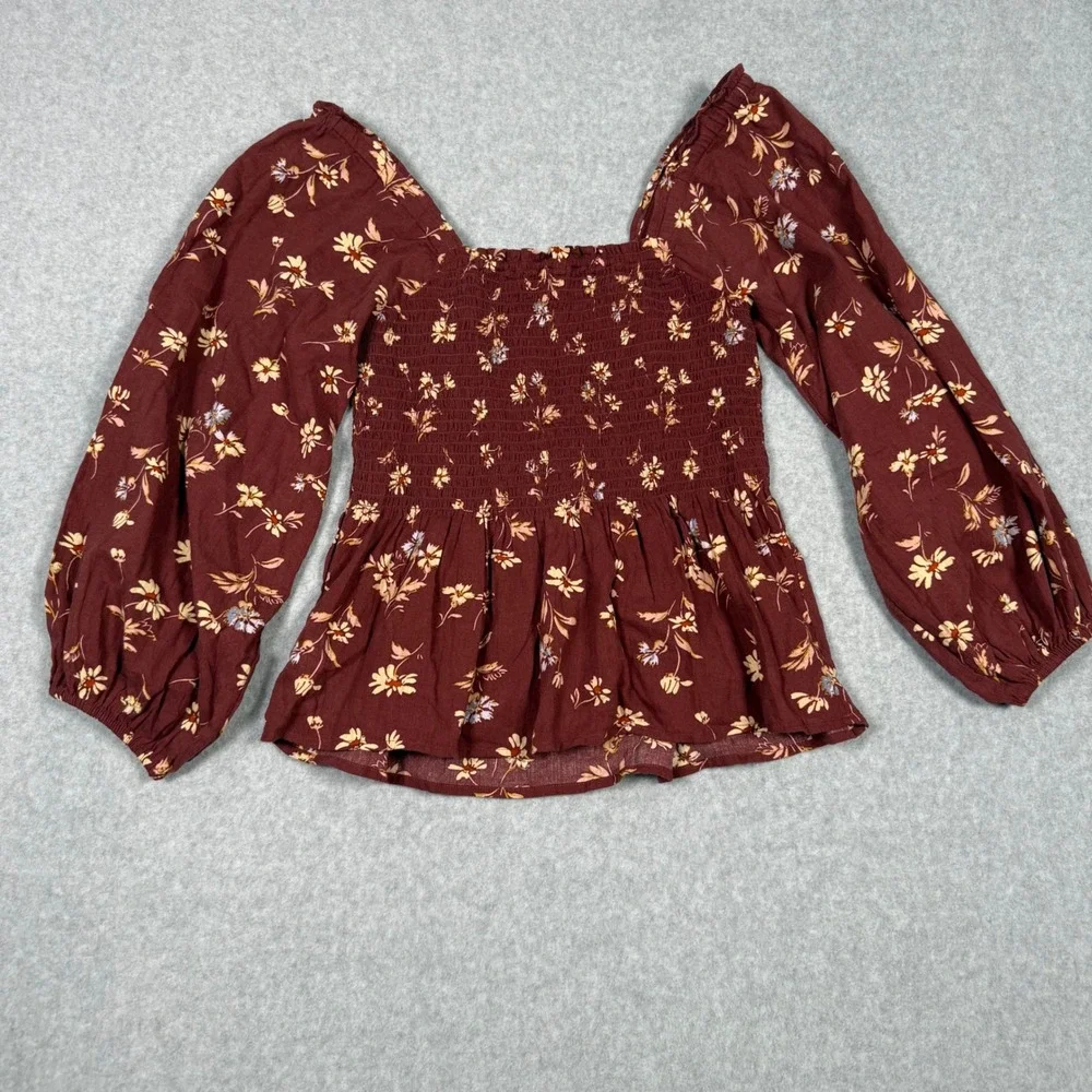 Madewell Smocked Peplum Top Burgundy Floral Cotton Long Sleeve Blouse Size 0